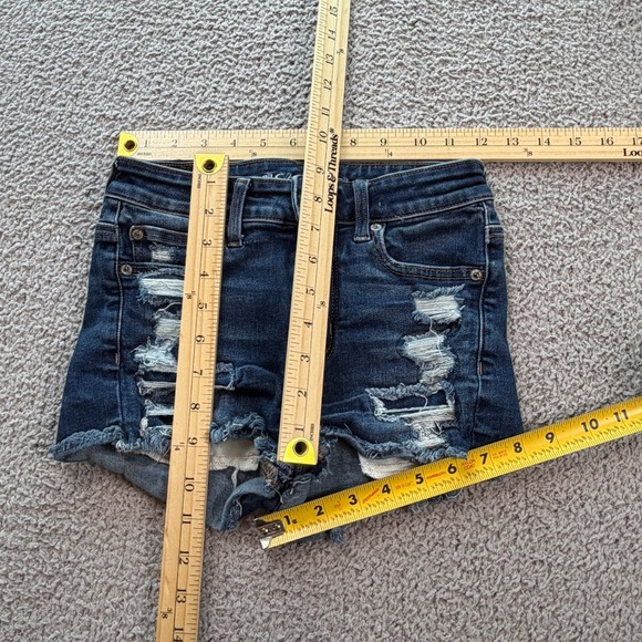 American Eagle Denim Shorts Hi-Rise Shortie 00 Distressed Dark Wash Frayed Hem - Picture 3 of 8